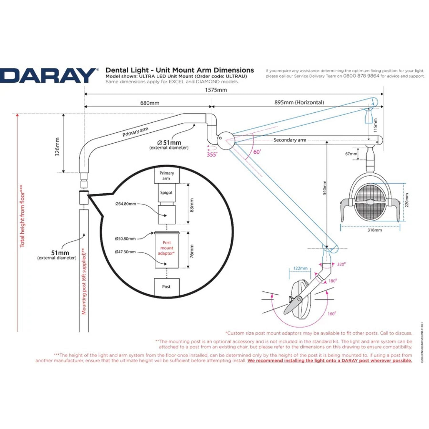 Daray Diamond Wall-Mount LED Dental Dimensions