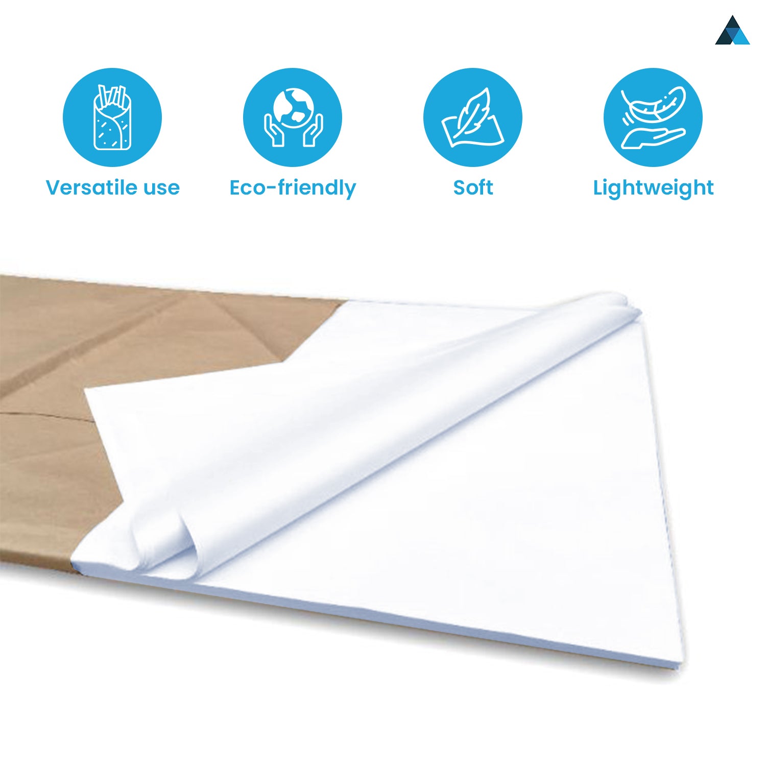 White paper towel roll with eco-friendly product features on a white background