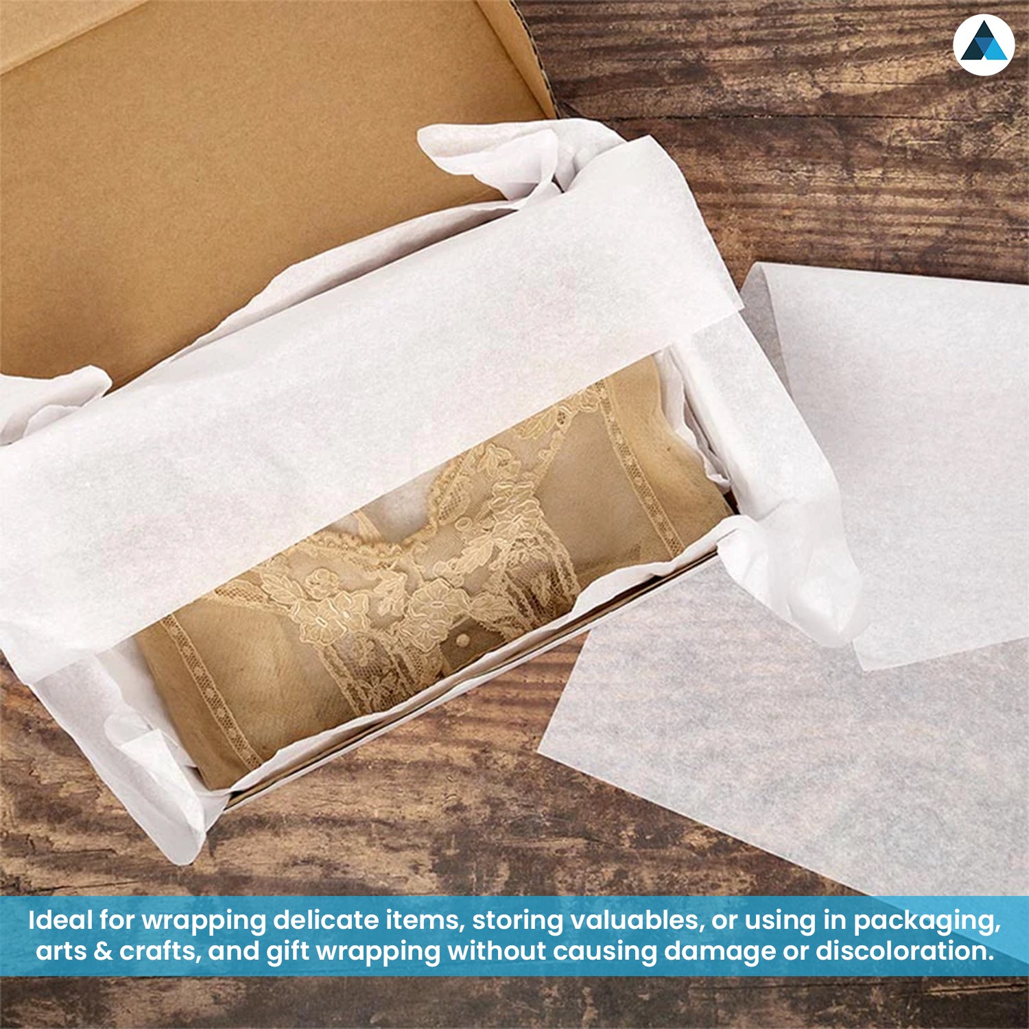 Brown paper bag with white tissue paper on a wooden surface, ideal for delicate item packaging.