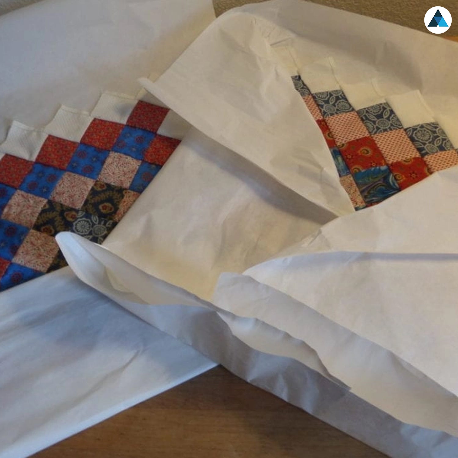 Patchwork fabric pieces on a white background