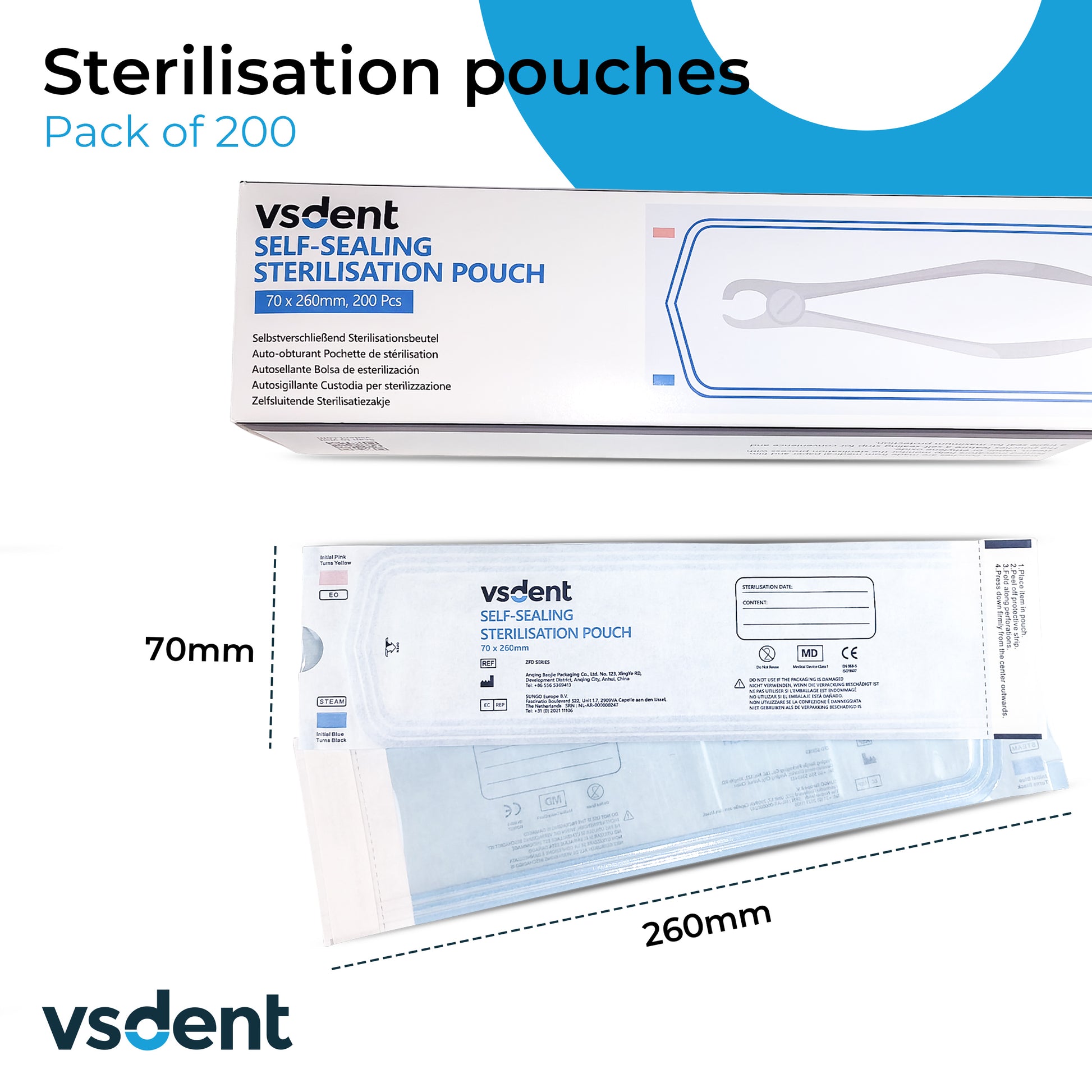 Self Sterilisation Pouches 70mmx260mm (Pack of 200) (8759302521087)