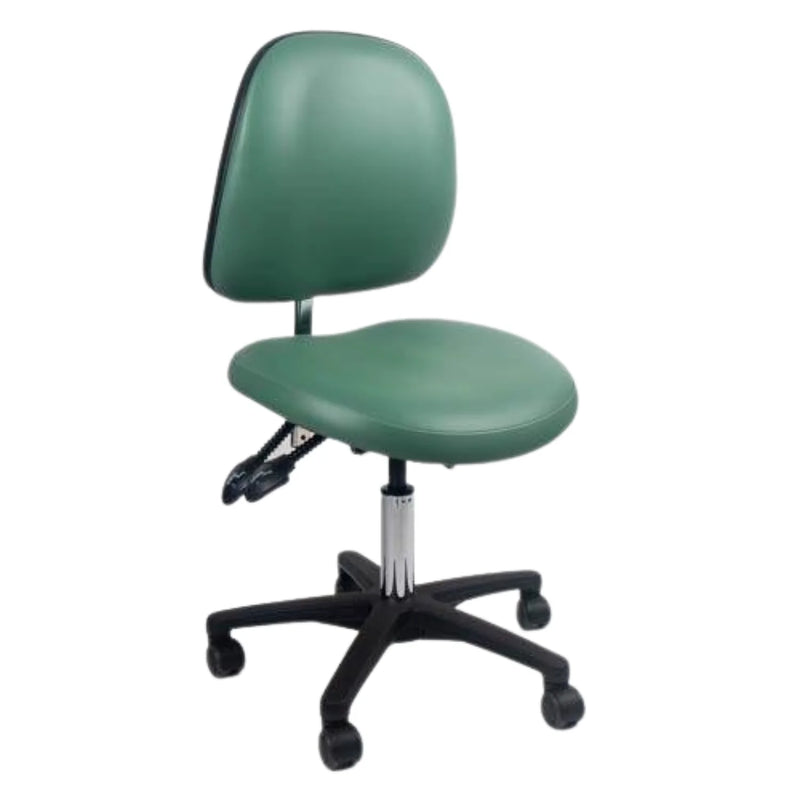 Green office chair with a black base on a white background