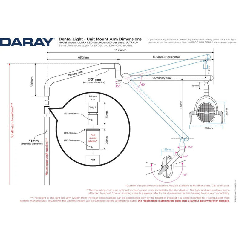 Daray Diamond Wall-Mount LED Dental Dimensions