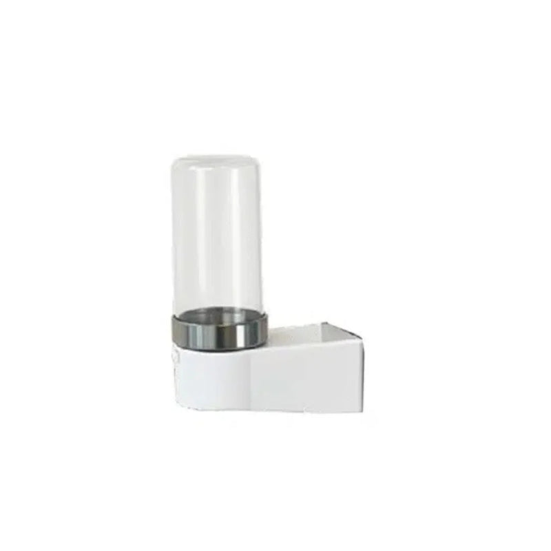White wall-mounted soap dispenser with clear cylindrical container on a white background